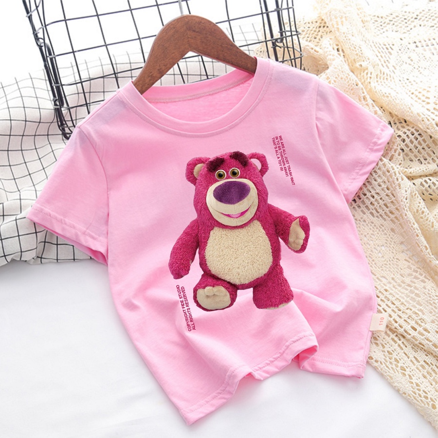 Áo Thun Màu Hồng In Hình Gấu Lotso Gấu Dâu cực đáng yêu cho bé