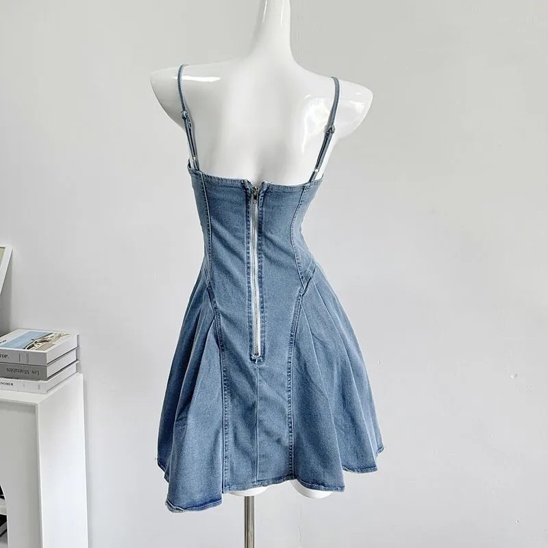 UV008 Đầm jeans Denim Váy bò 2 dây xếp ly sexy  tôn dáng bó eo siêu đẹp đi chơi mẫu mới  rút dây hot