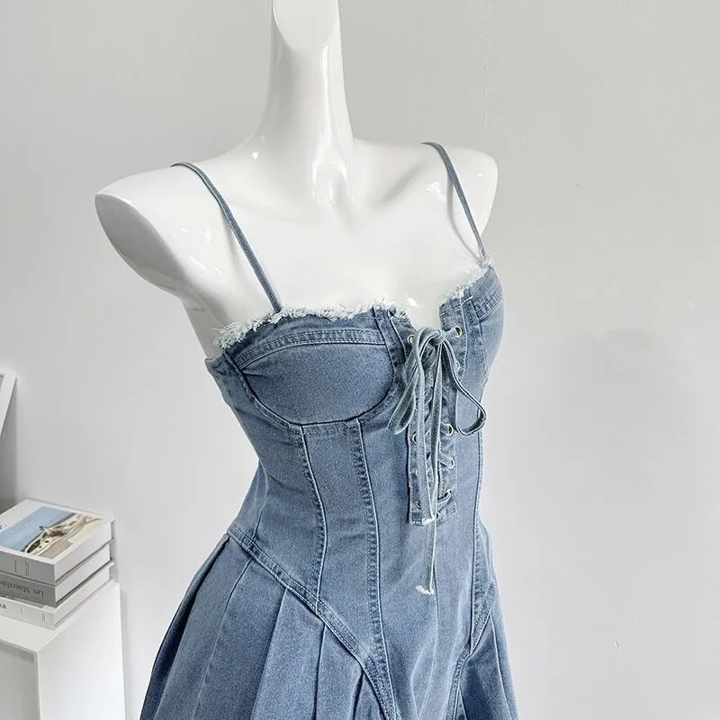 UV008 Đầm jeans Denim Váy bò 2 dây xếp ly sexy  tôn dáng bó eo siêu đẹp đi chơi mẫu mới  rút dây hot