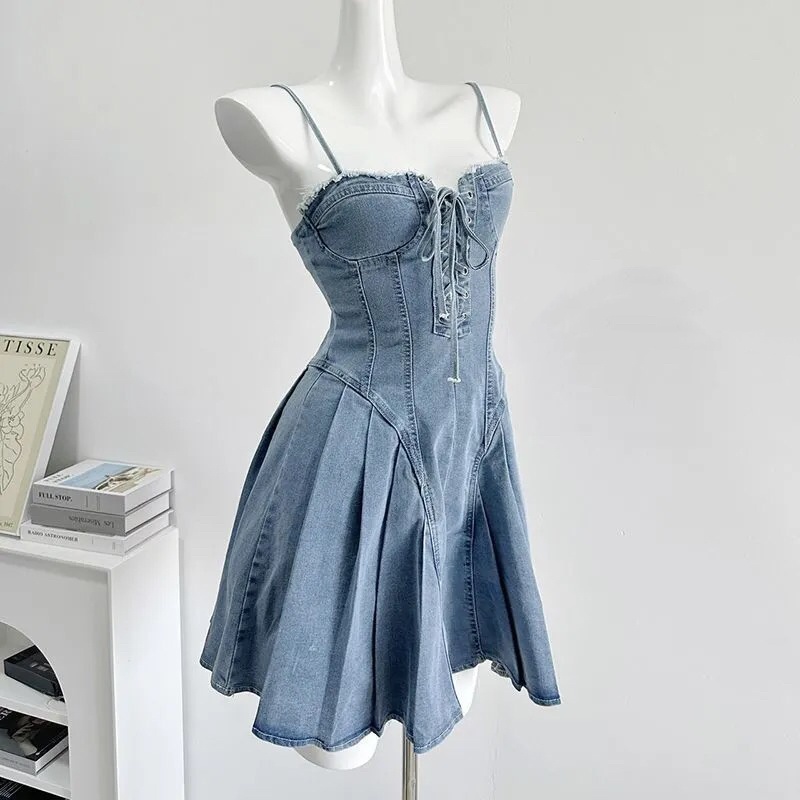 UV008 Đầm jeans Denim Váy bò 2 dây xếp ly sexy  tôn dáng bó eo siêu đẹp đi chơi mẫu mới  rút dây hot