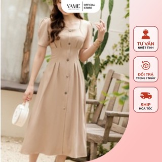 Váy cổ vuông tay bồng dáng dài vintage nâu YV11 YAME