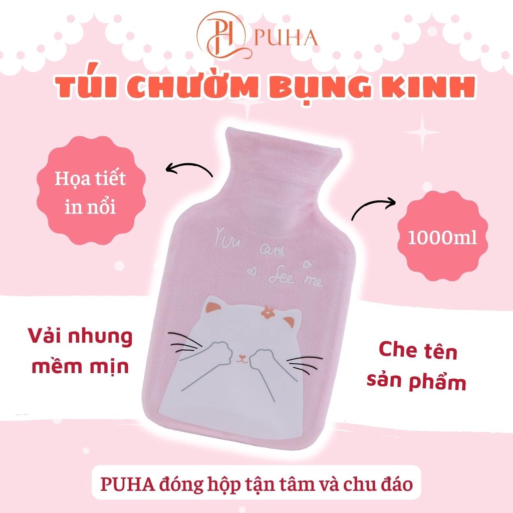 Túi chườm bụng nóng lạnh đa năng Puha 1000ml giữ nhiệt, sưởi ấm giảm đau hiệu quả cho bạn nữ