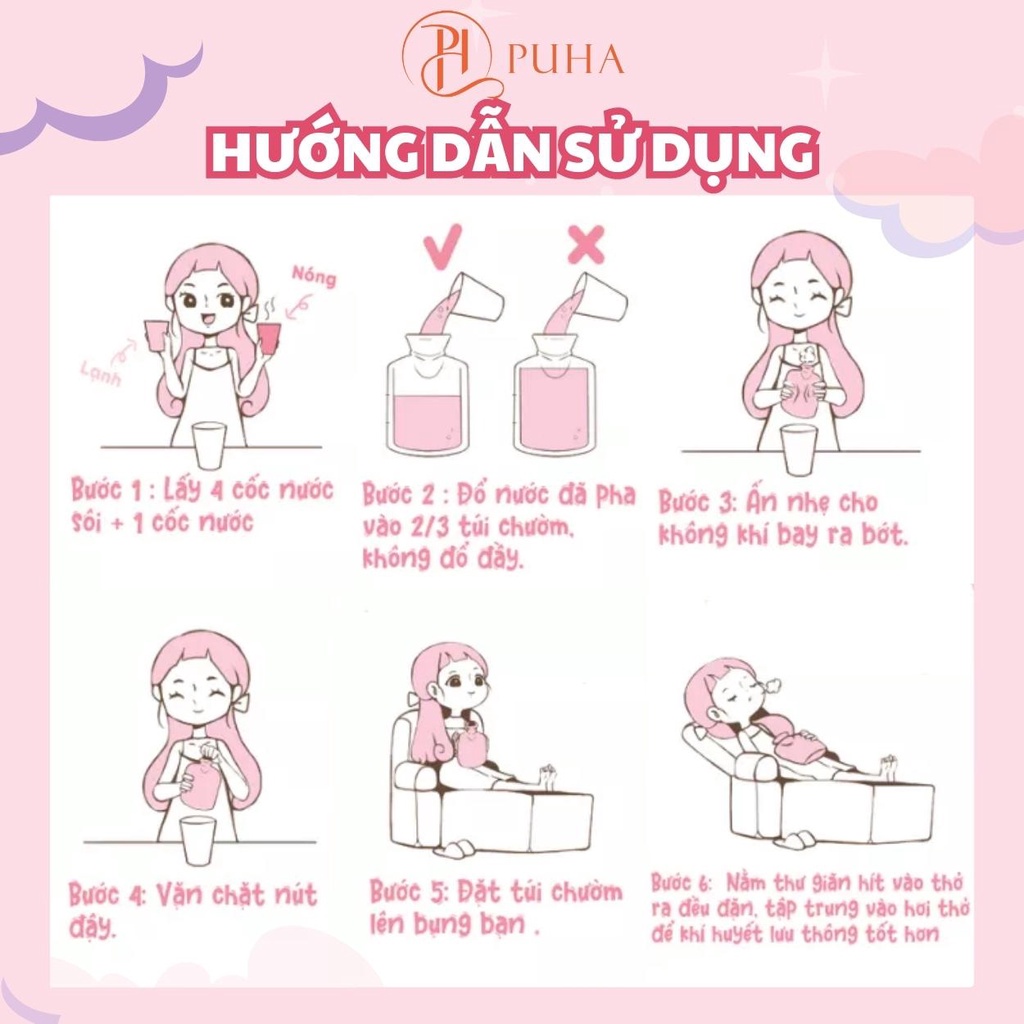 Túi chườm nóng đau bụng kinh PH PUHA 1000ml giữ nhiệt 3h, mẫu cute