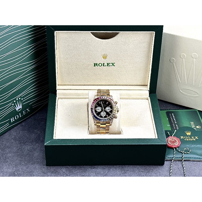 Đồng hồ nam cao cấp Rolex máy nhật size 41mm dây thép mạ vàng viền đá sáng nhiều màu