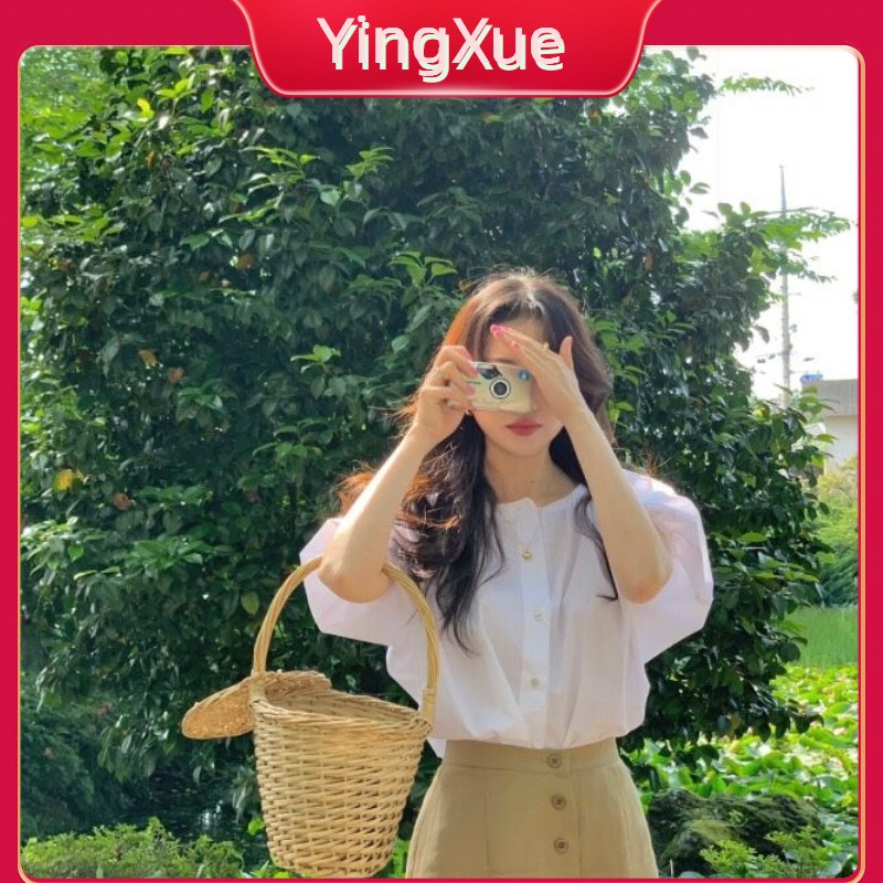 【Hàng Giao Ngay】Váy Eo Cao Phong Cách Retro 2023 Phiên Bản Hàn Quốc Mới + áo Hai Mảnh Tay Ngắn Kiểu Bong Bóng Kiểu Pháp Dáng Rộng Cho Nữ