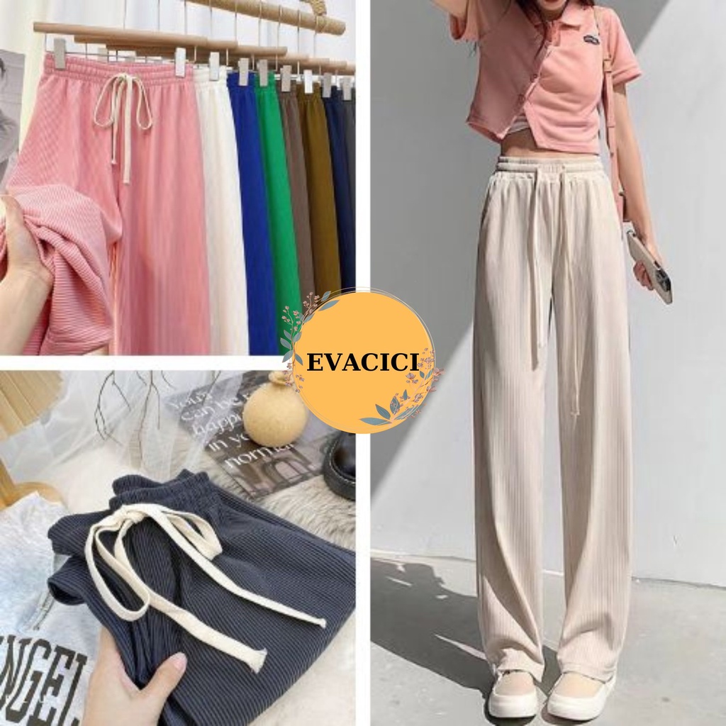 Quần ống rộng dài 95cm thun tăm xuất hàn lưng cao cạp chun dây rút dáng xuông dài Quần culottes ống suông co dãn vải mát