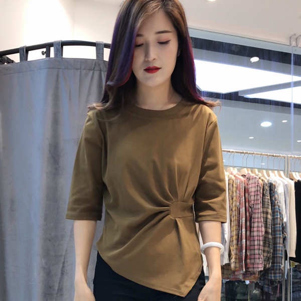 ✡Đan bông Lady ngắn tay áo sơ mi mùa thu 2023 mới bất thường lỏng lẻo t-shirt bảy chia tay áo cộng với kích thước h