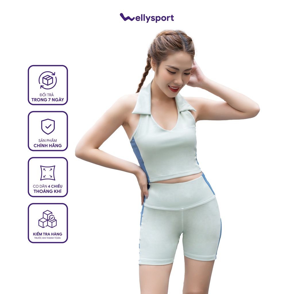 Bộ đồ tập yoga nữ, Gym Welly Sport, áo bra cổ yếm bẻ hở lưng, màu xanh bơ, Mã SDC02