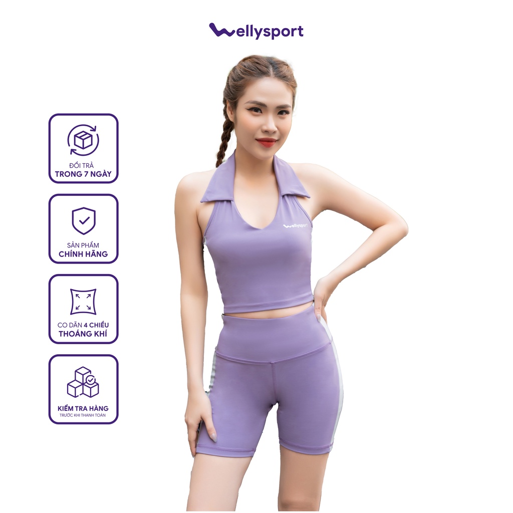 Bộ đồ tập yoga nữ, Gym Welly Sport, áo bra cổ yếm bẻ hở lưng, màu tím, Mã SDC04