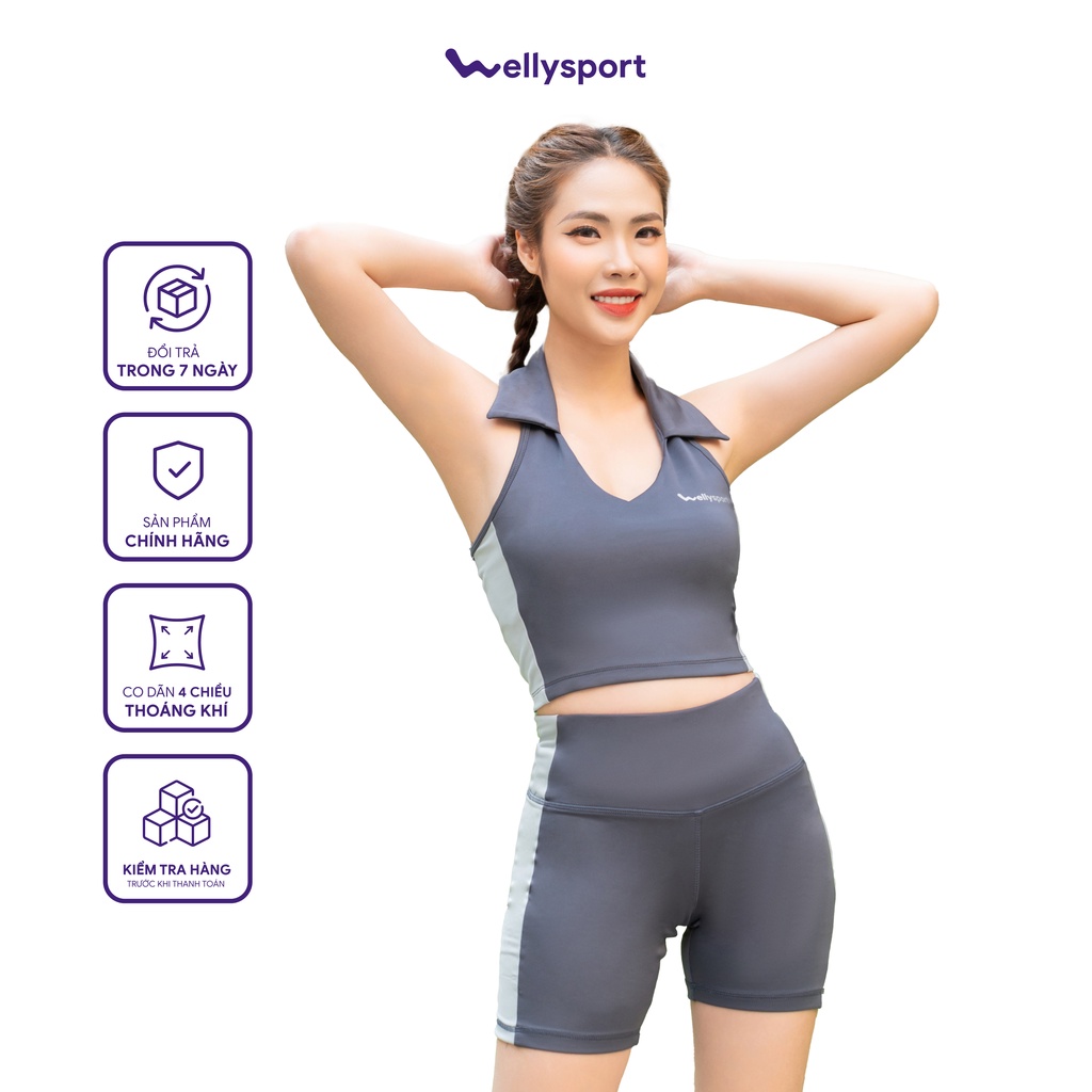 Bộ đồ tập yoga nữ, Gym Welly Sport, áo bra cổ yếm bẻ hở lưng, màu đen, Mã SDC03