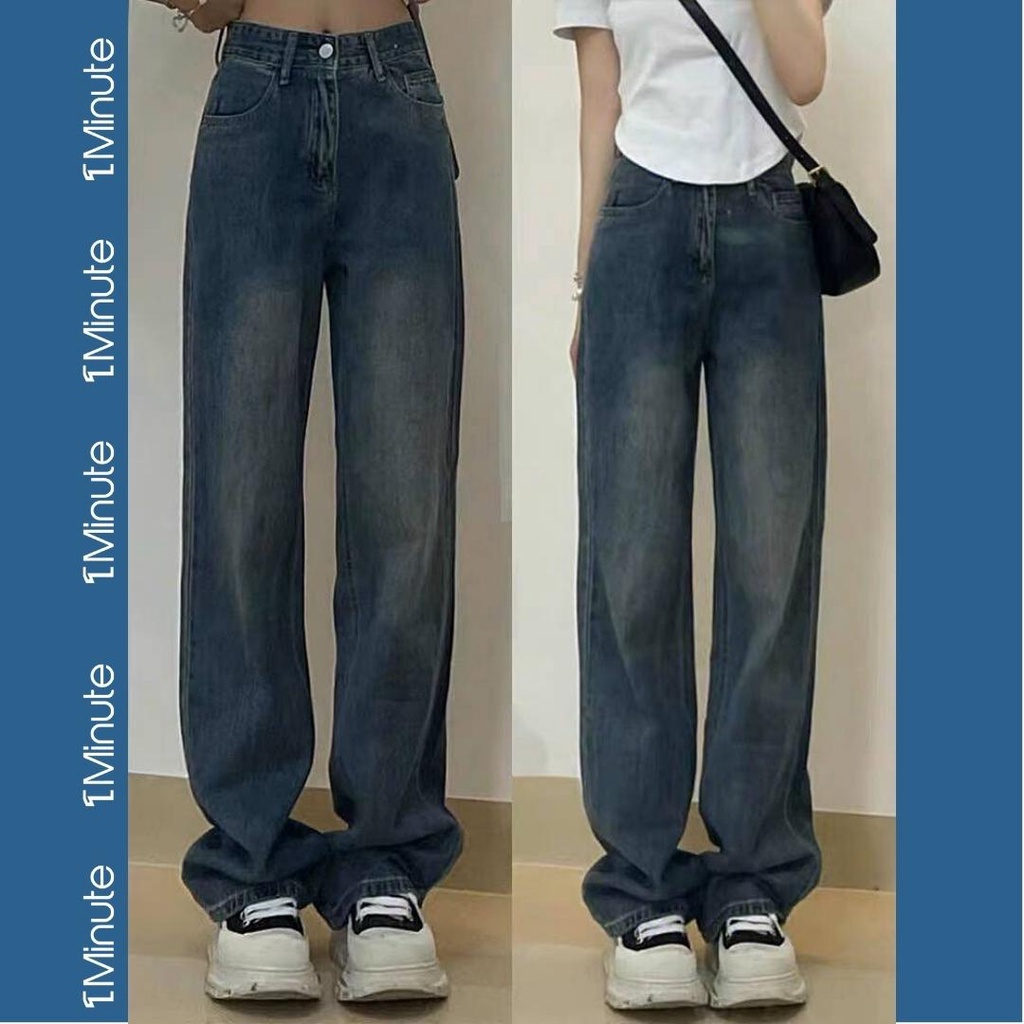 Quần jeans lưng cao ống rộng màu RETRO - 1MIN