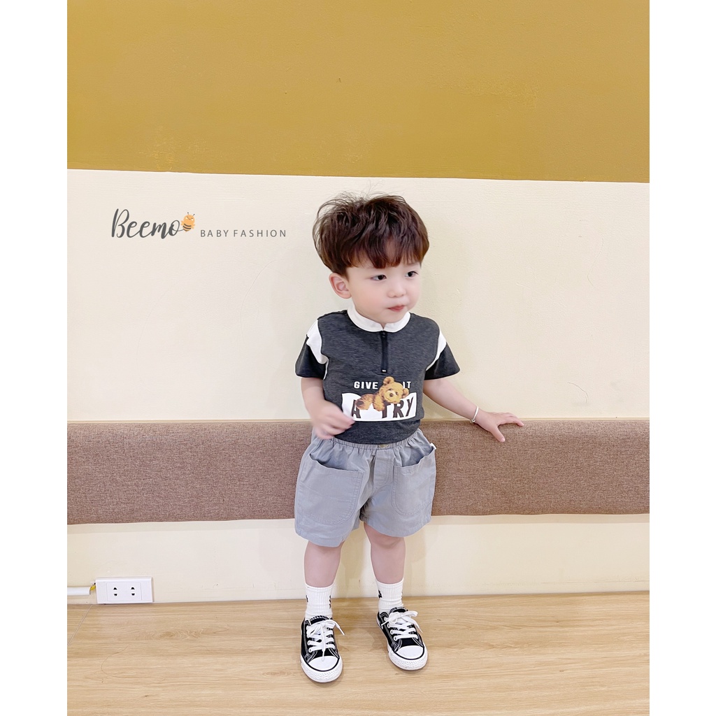 Set bộ quần áo Beemo cổ tàu kéo khoá in hình gấu Teddy chất liệu cotton mặc hè cho bé từ 1 - 7 tuổi 22426B