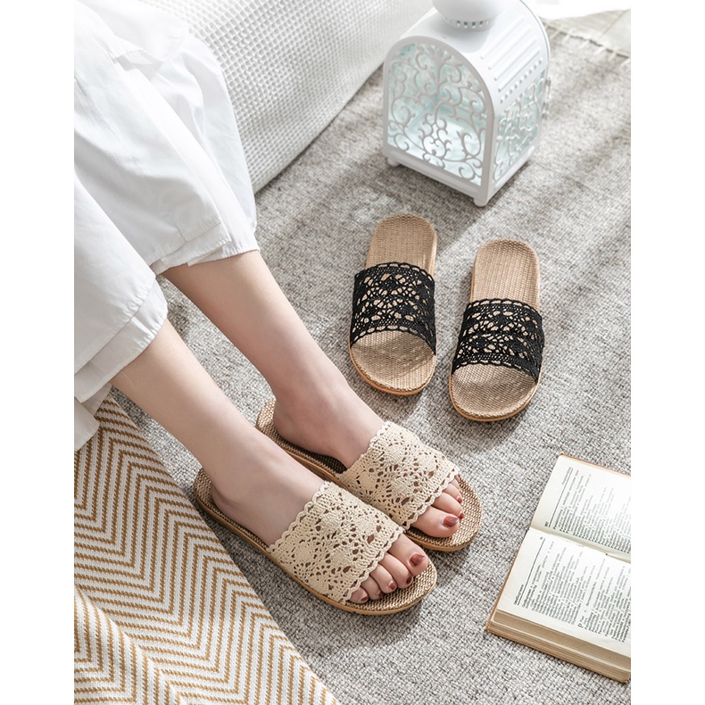 Dép cói quai ngang ren lưới phong cách giản dị, vintage JOLII.SG - Thích hợp đi dạo, mang trong nhà