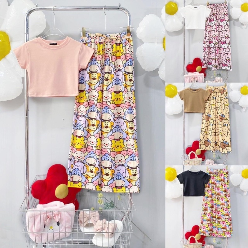 Set Áo Body Tay Ngắn Quần Suông Hoạ Tiết Gấu Ảnh Thật Có Tách Lẻ