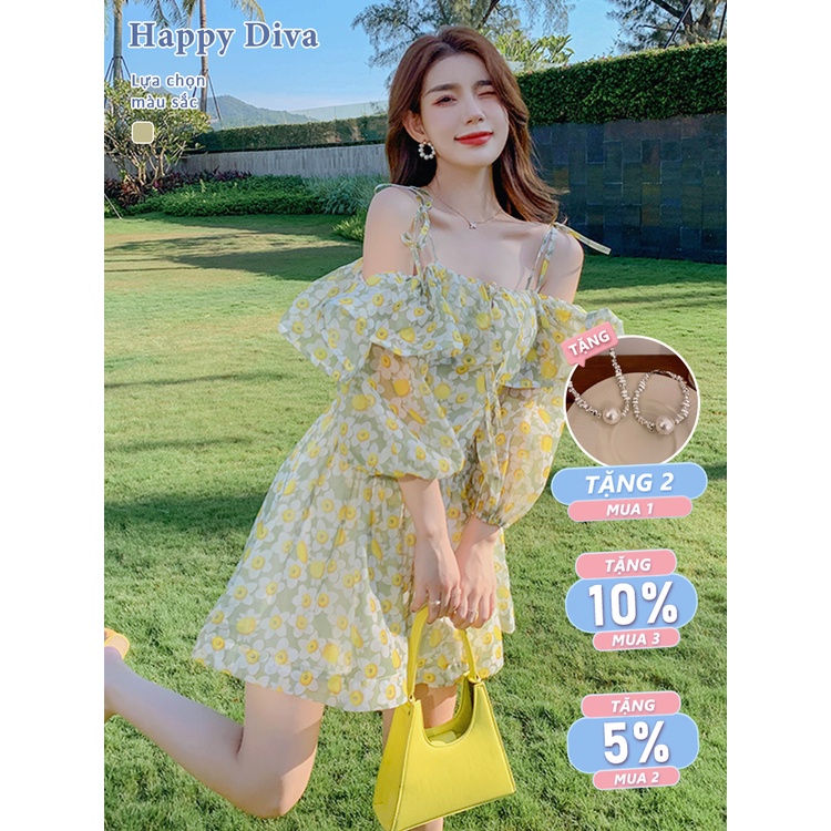 Happy Diva váy cổ chữ trễ vai Vải mát đầm đi biển đồ nữ đi chơi đẹp chân váy việt nam lượng cao Đầm Hoa Hở Lưng Phong Cách set đồ nữ HD70305