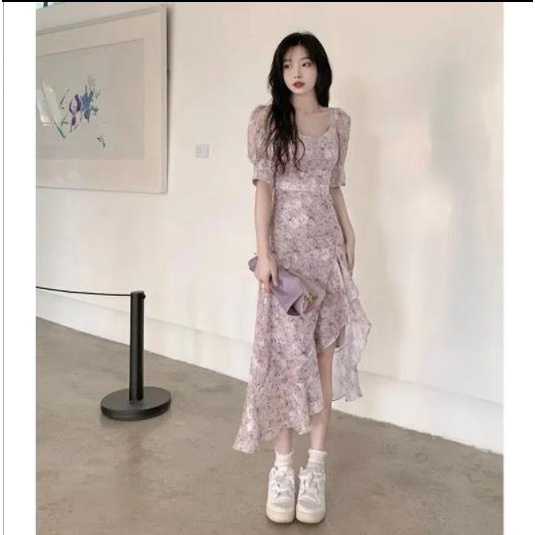 Váy đầm hoa váy dài xẻ tà váy dài nữ mùa hè nghỉ trà kiểu Pháp ngắn trước và sau váy dài