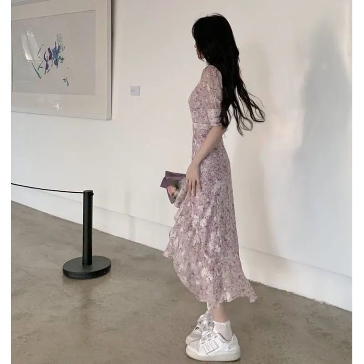 Váy đầm hoa váy dài xẻ tà váy dài nữ mùa hè nghỉ trà kiểu Pháp ngắn trước và sau váy dài
