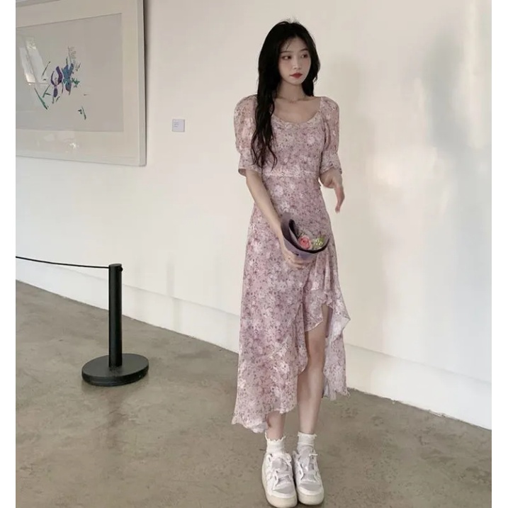 Váy đầm hoa váy dài xẻ tà váy dài nữ mùa hè nghỉ trà kiểu Pháp ngắn trước và sau váy dài