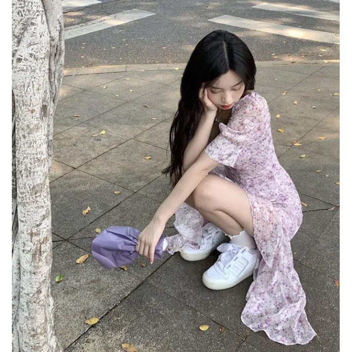 Váy đầm hoa váy dài xẻ tà váy dài nữ mùa hè nghỉ trà kiểu Pháp ngắn trước và sau váy dài