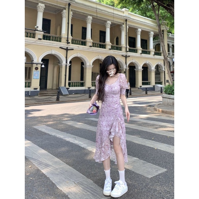 Váy đầm hoa váy dài xẻ tà váy dài nữ mùa hè nghỉ trà kiểu Pháp ngắn trước và sau váy dài