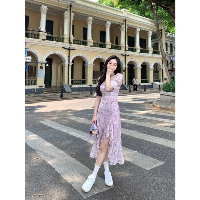 Váy đầm hoa váy dài xẻ tà váy dài nữ mùa hè nghỉ trà kiểu Pháp ngắn trước và sau váy dài