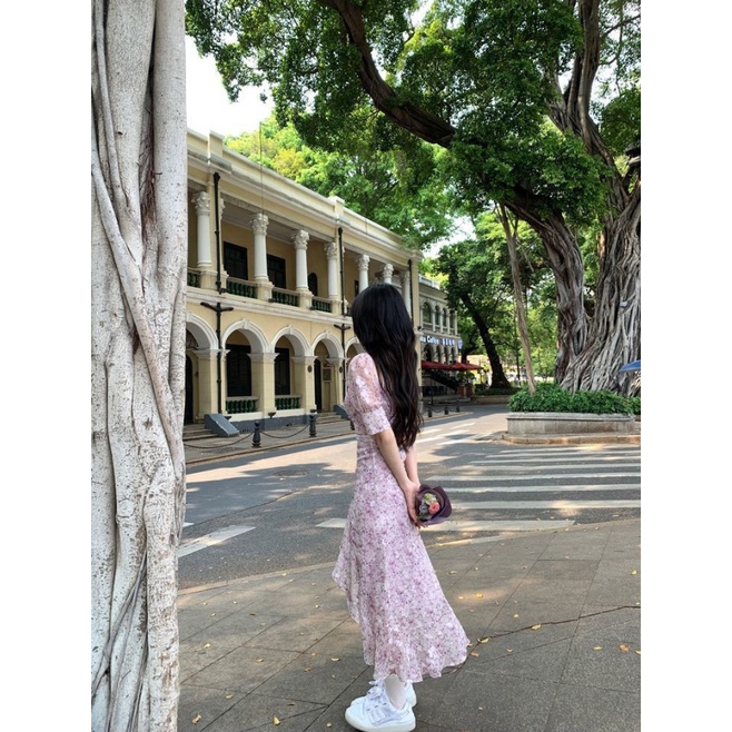 Váy đầm hoa váy dài xẻ tà váy dài nữ mùa hè nghỉ trà kiểu Pháp ngắn trước và sau váy dài