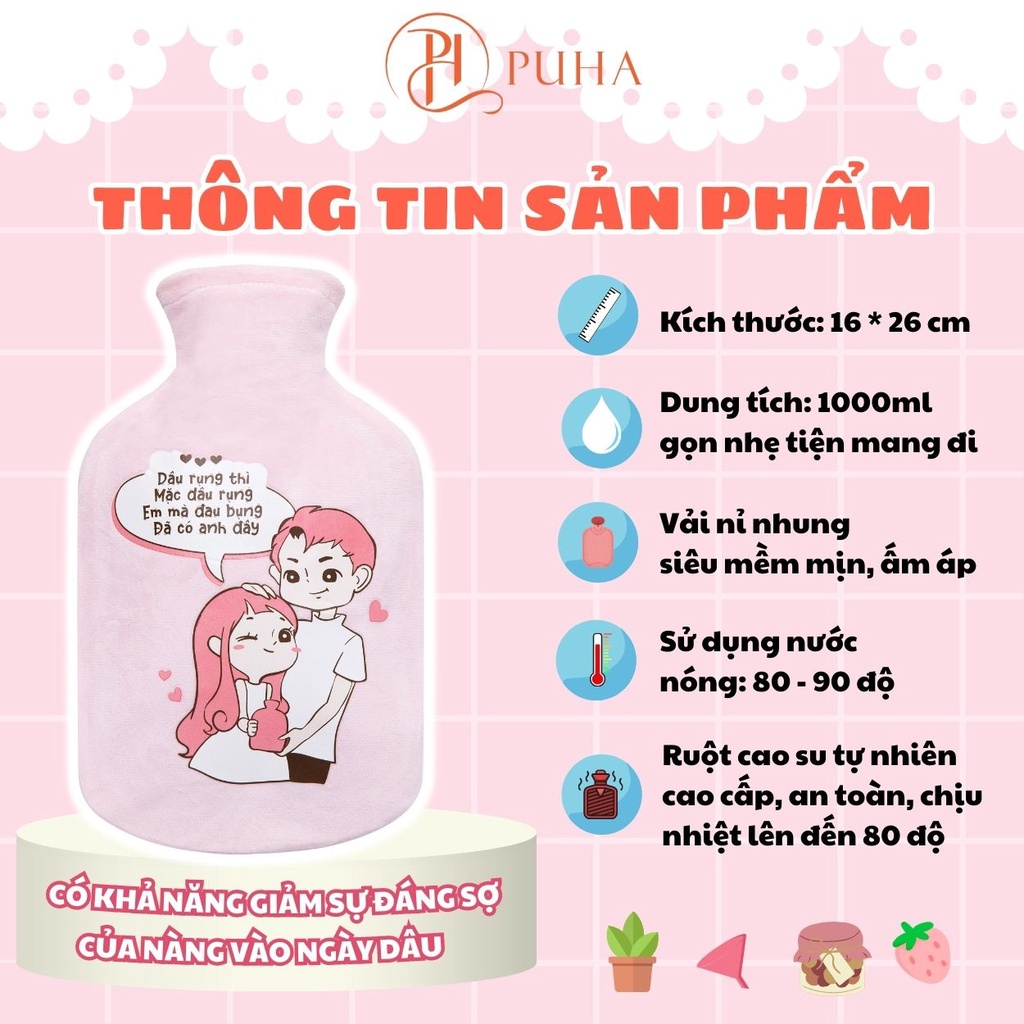 Túi chườm nóng lạnh PH PUHA 1000ml giữ nhiệt 3h, hoạ tiết in nổi, hỗ trợ giảm đau bụng kinh cho nữ