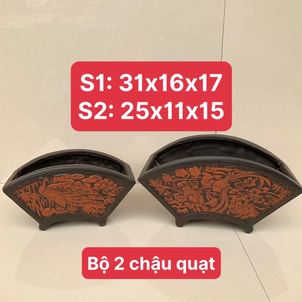 Chậu quạt bonsai cây cảnh sen đá vân nổi màu đen gốm 2 size SP565