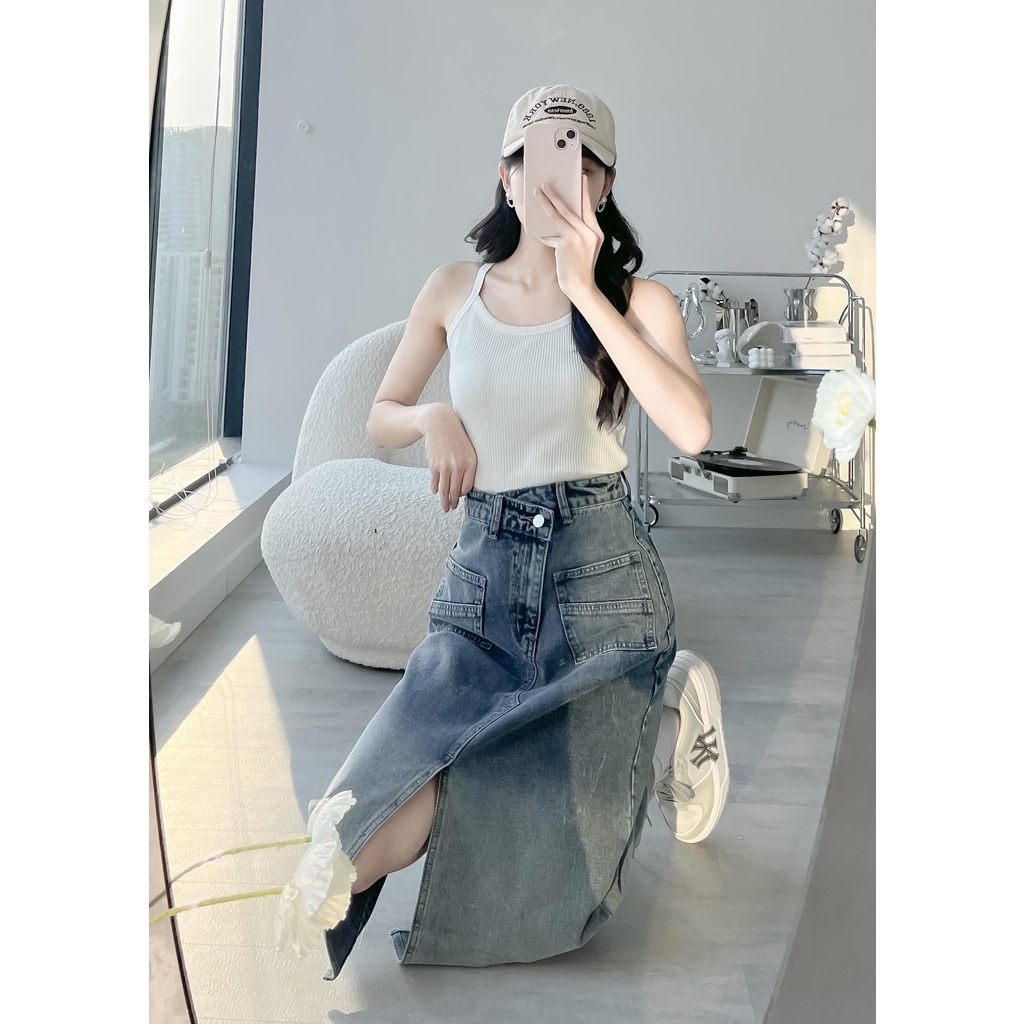 Váy dài midi jean denim xẻ tà giữa trước màu loang thời trang GAGO màu xanh jean đậm GO4037