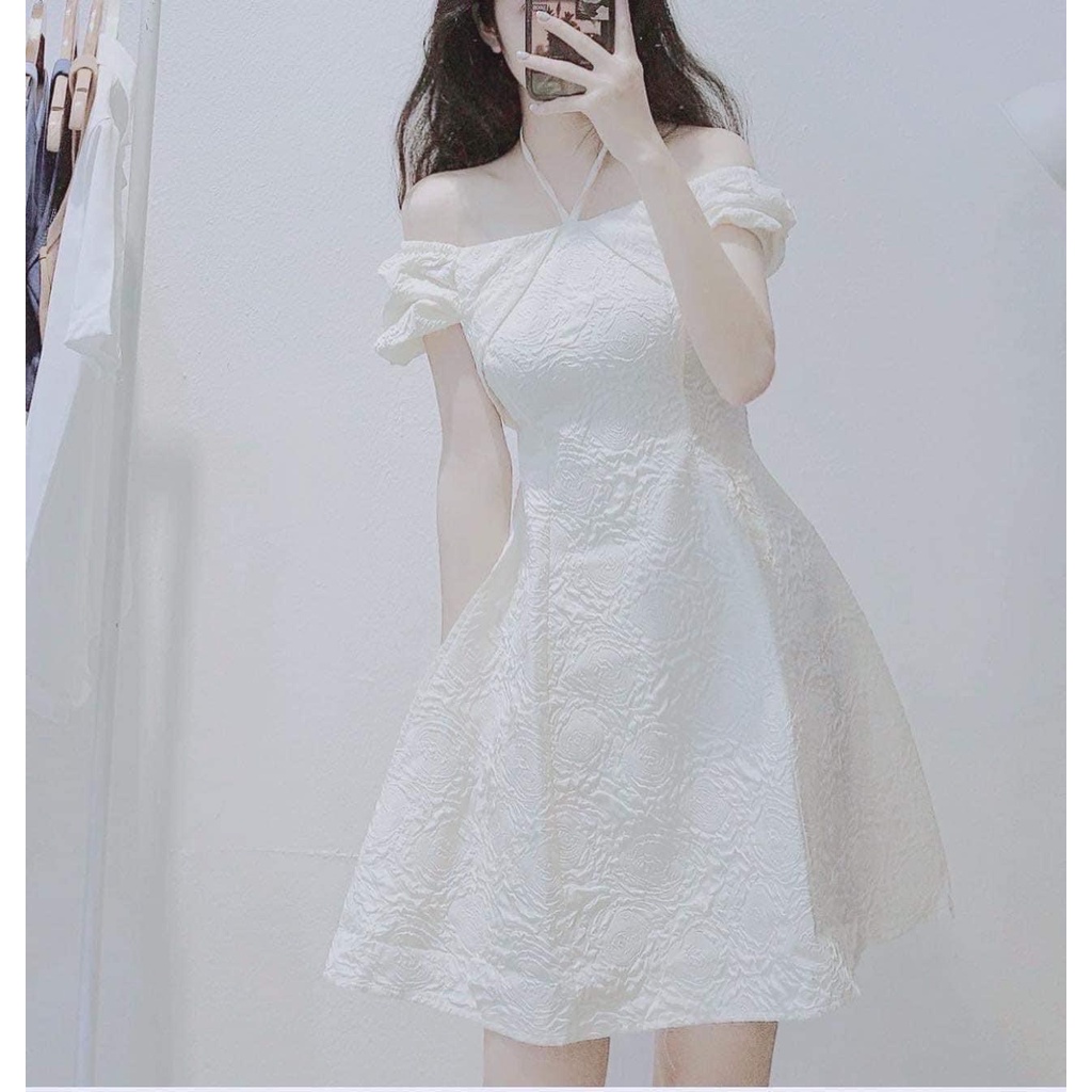 Váy tiểu thư dáng xòe chữ A tay bồng cổ vuông buộc dây- đầm gấm trắng hở vai cúp ngực đi chơi dự tiệc dễ thương hàn quốc