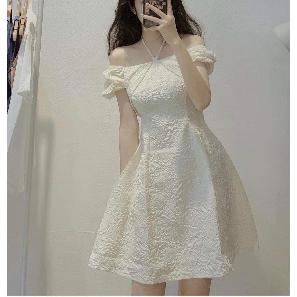 Váy tiểu thư dáng xòe chữ A tay bồng cổ vuông buộc dây- đầm gấm trắng hở vai cúp ngực đi chơi dự tiệc dễ thương hàn quốc