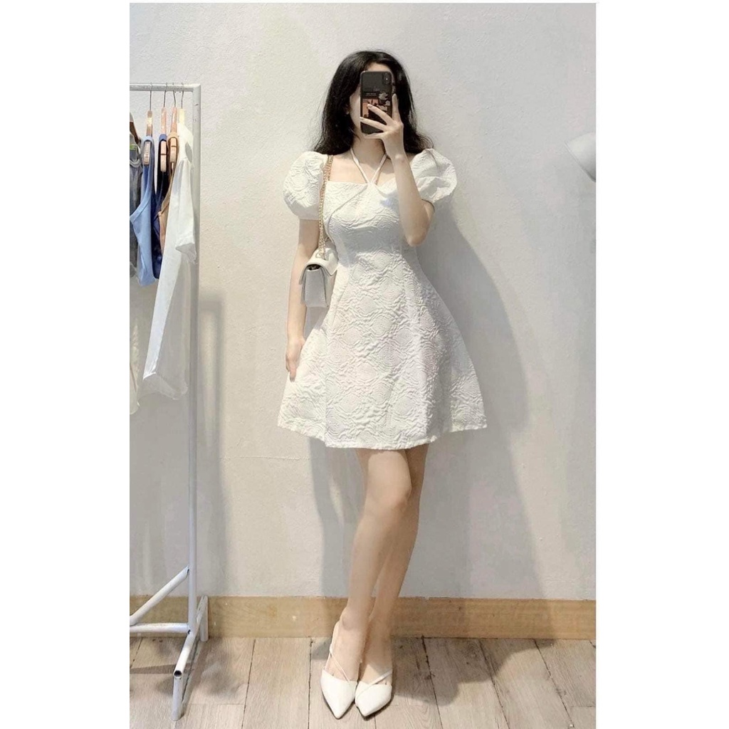 Váy tiểu thư dáng xòe chữ A tay bồng cổ vuông buộc dây- đầm gấm trắng hở vai cúp ngực đi chơi dự tiệc dễ thương hàn quốc