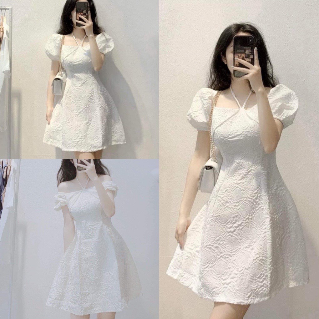 Váy tiểu thư dáng xòe chữ A tay bồng cổ vuông buộc dây- đầm gấm trắng hở vai cúp ngực đi chơi dự tiệc dễ thương hàn quốc
