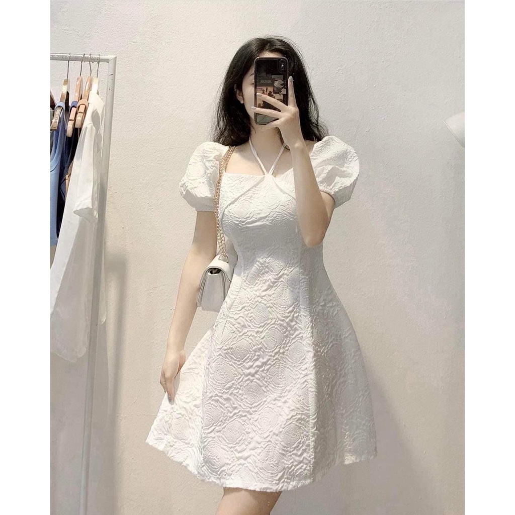 Váy tiểu thư dáng xòe chữ A tay bồng cổ vuông buộc dây- đầm gấm trắng hở vai cúp ngực đi chơi dự tiệc dễ thương hàn quốc