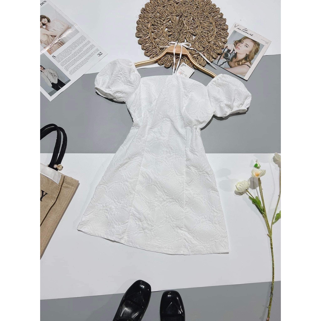 Váy tiểu thư dáng xòe chữ A tay bồng cổ vuông buộc dây- đầm gấm trắng hở vai cúp ngực đi chơi dự tiệc dễ thương hàn quốc