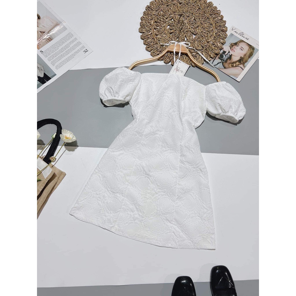 Váy tiểu thư dáng xòe chữ A tay bồng cổ vuông buộc dây- đầm gấm trắng hở vai cúp ngực đi chơi dự tiệc dễ thương hàn quốc