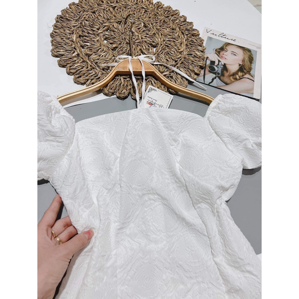 Váy tiểu thư dáng xòe chữ A tay bồng cổ vuông buộc dây- đầm gấm trắng hở vai cúp ngực đi chơi dự tiệc dễ thương hàn quốc