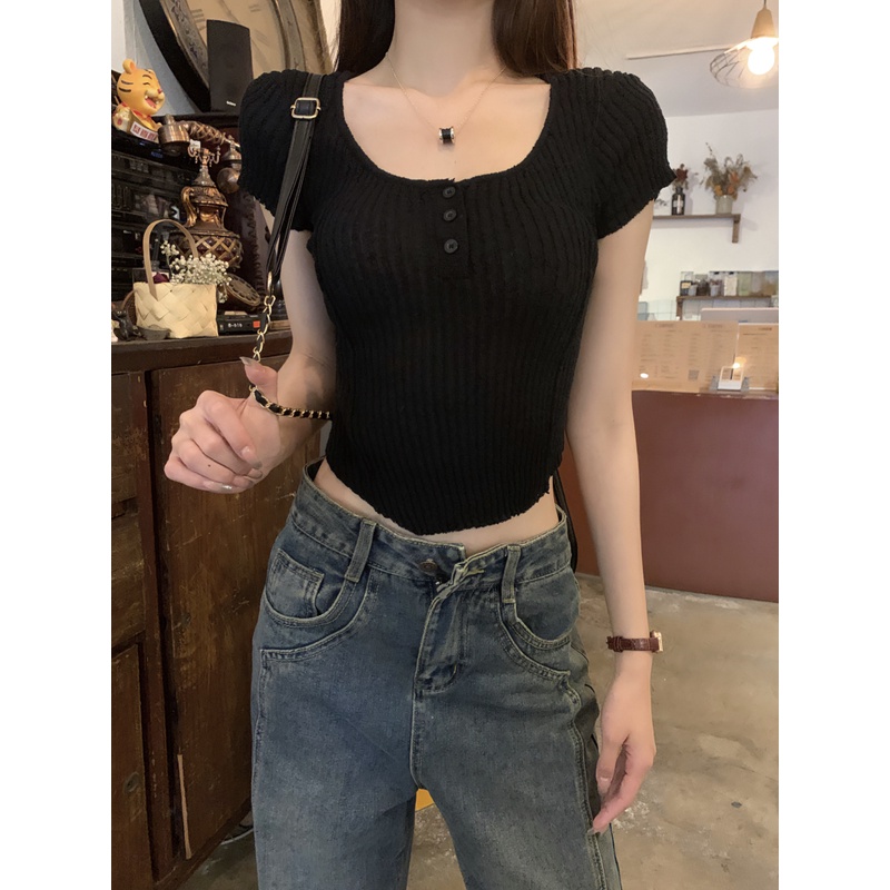 Porozi Áo Croptop Dệt Kim Tay Ngắn Hở Vai Thời Trang