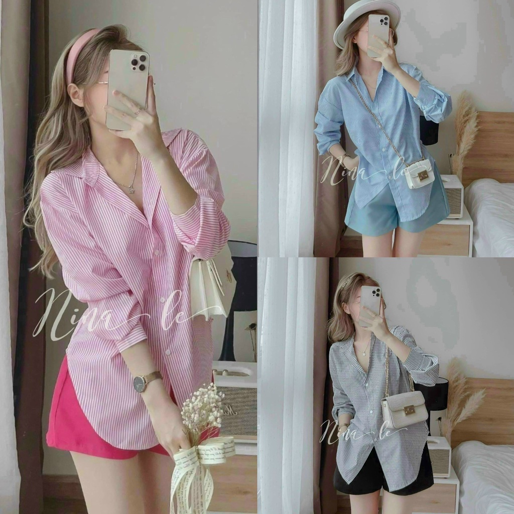 Set bộ đồ nữ áo lụa cổ sơ mi dài tay kẻ sọc phối quần for cực kì đơn giản, nhẹ nhàng thích hợp đi dạo, đi biển