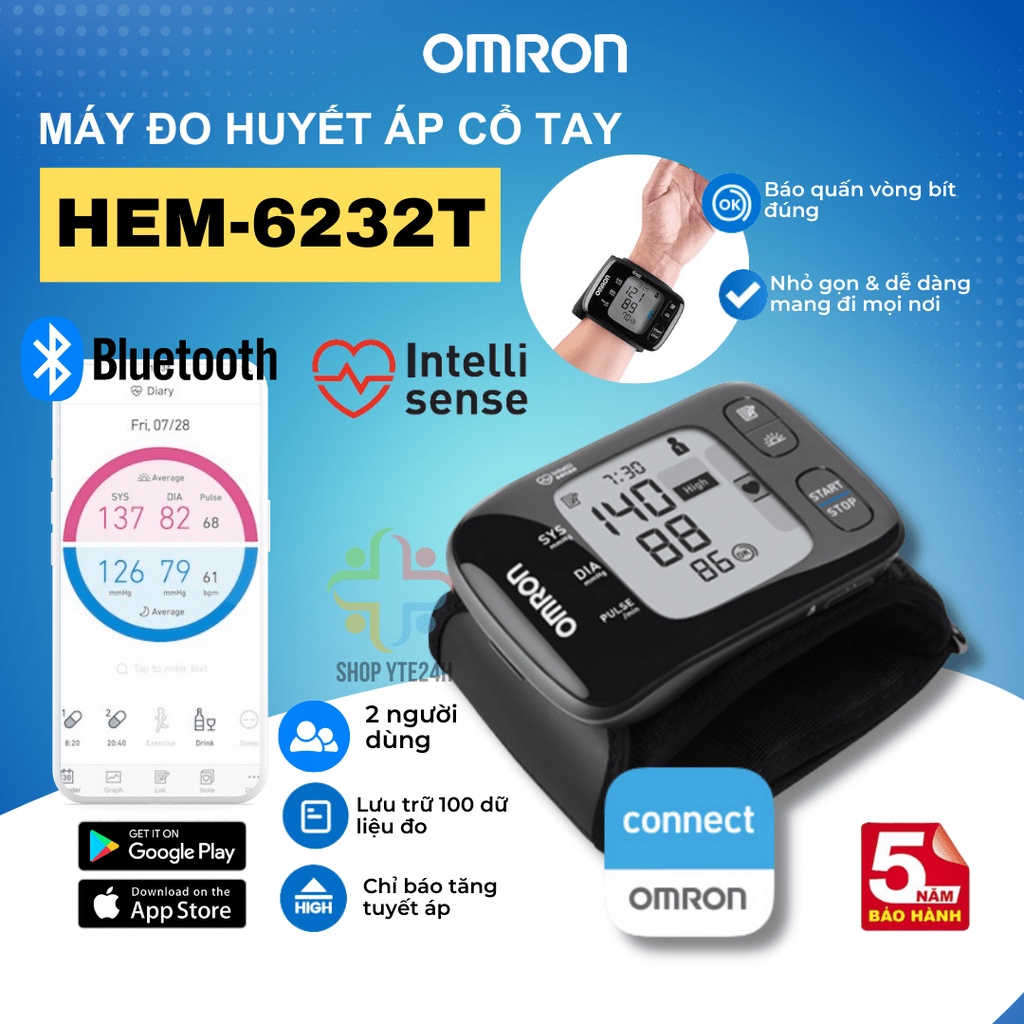 Máy Đo Huyết Áp Cổ Tay OMRON HEM-6232T Kết Nối Với Ứng Dụng Connect Bluetooth, Thiết Kế Siêu Nhỏ Gọn