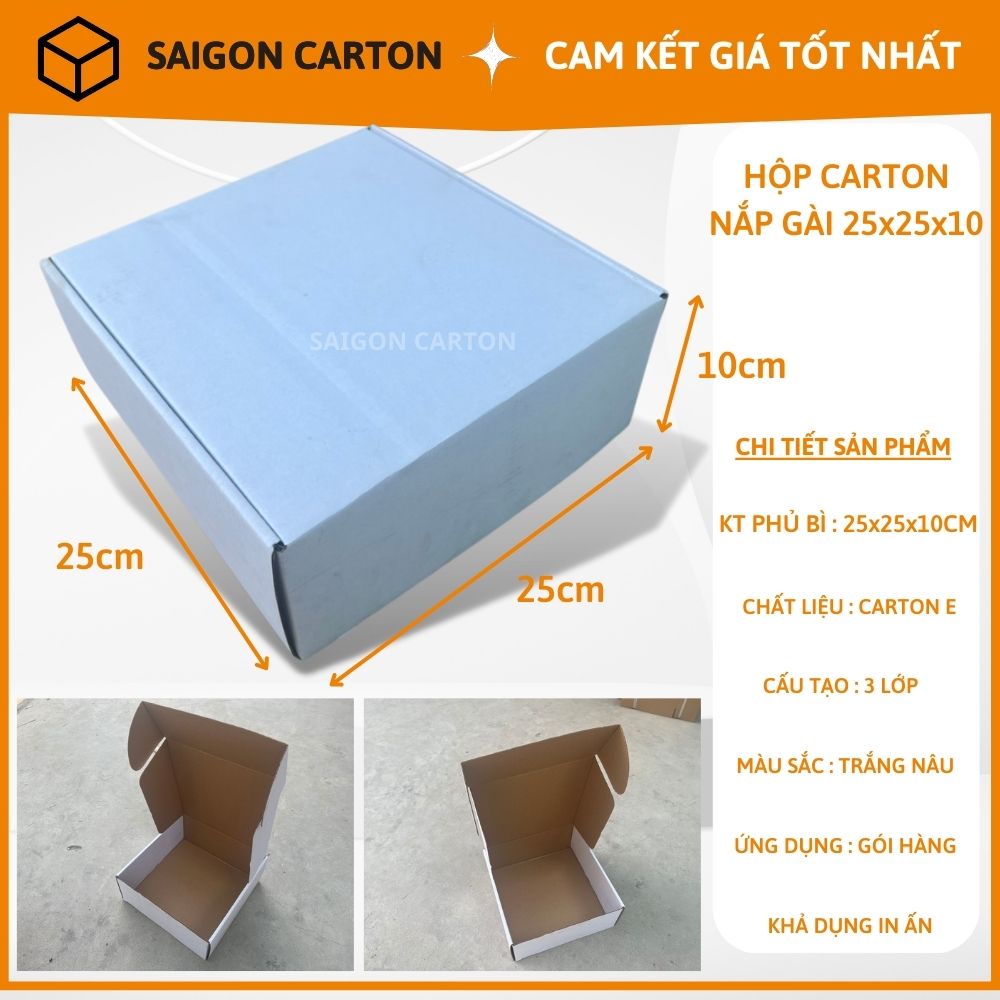 Thùng giấy carton hộp nắp gài đựng quần áo, phụ kiện cho shop bộ 50 hộp 25x25x10 cm, sản xuất bởi SÀI GÒN CARTON