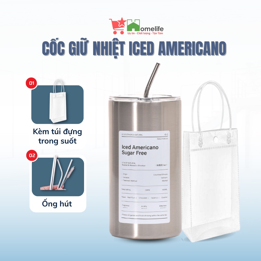 Cốc Giữ Nhiệt Iced Americano Dung Tích 600ML - Ly Uống Nước, Bình Giữ Nhiệt Inox Kèm Ống Hút, Giữ Đá Lâu 6-8 Tiếng
