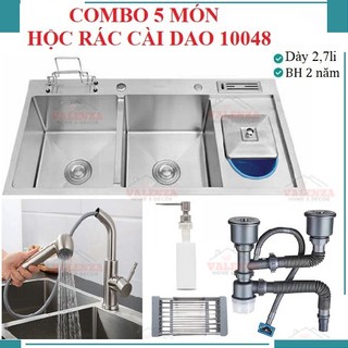 Combo chậu rửa bát sus304 hộc rác cài dao Valenza 100x48cm 2,7li vòi rửa bát rút dây 02 bộ xả rổ rút inox bình xà phòng