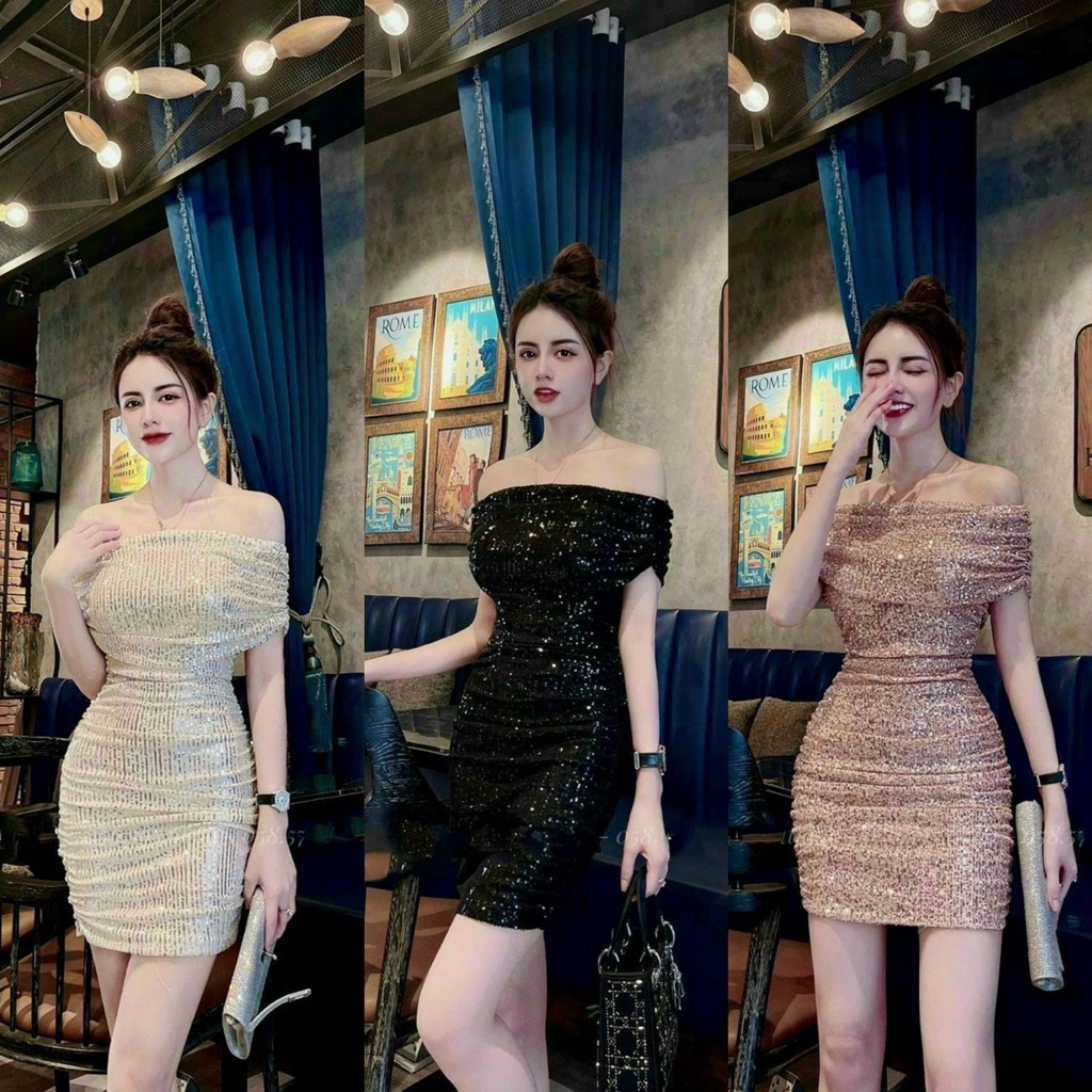 Đầm váy dự tiệc họa tiết trễ vai ôm body kim sa cực kì tôn dáng, sang chảnh với 3 tone màu nhẹ nhàng, quý phái