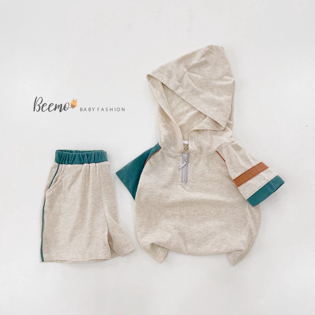 Set bộ hoodie Beemo kéo khoá phối kẻ tay mặc hè chất liệu cotton thoáng mát, thấm hút mồ hôi cho bé từ 1 - 7 tuổi 22422B