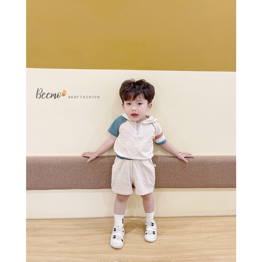 Set bộ hoodie Beemo kéo khoá phối kẻ tay mặc hè chất liệu cotton thoáng mát, thấm hút mồ hôi cho bé từ 1 - 7 tuổi 22422B