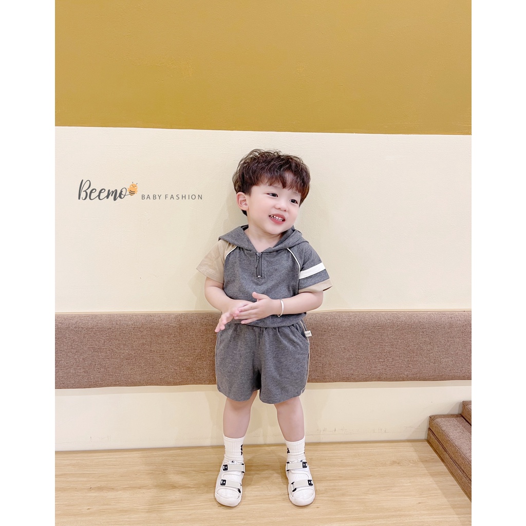 Set bộ hoodie Beemo kéo khoá phối kẻ tay mặc hè chất liệu cotton thoáng mát, thấm hút mồ hôi cho bé từ 1 - 7 tuổi 22422B