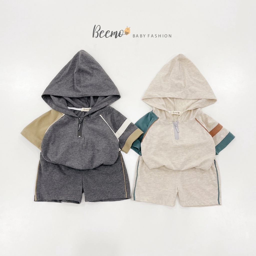 Set bộ hoodie Beemo kéo khoá phối kẻ tay mặc hè chất liệu cotton thoáng mát, thấm hút mồ hôi cho bé từ 1 - 7 tuổi 22422B