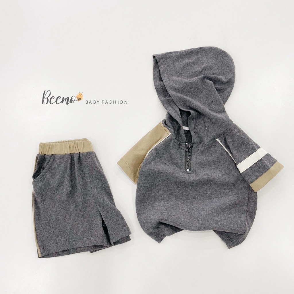 Set bộ hoodie Beemo kéo khoá phối kẻ tay mặc hè chất liệu cotton thoáng mát, thấm hút mồ hôi cho bé từ 1 - 7 tuổi 22422B