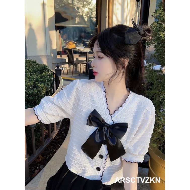 Áo Ren Sóng Cổ Tim Viền Ziczac Kèm Nơ Hot Trend
